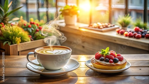 Aromatic coffee with heart-shaped latte art and a delightful berry dessert on a sunny morning