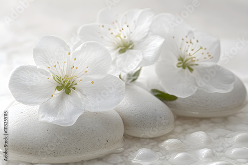 Blossoming Serenity: White Florals on Pristine Stone Ground Illuminating Natural Purity and Elegance in an Ethereal Visual Harmony