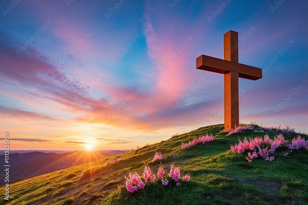 Sunrise Cross of Faith on a Colorful Hill with Blooming Flowers Sunrise Cross of Faith on a Colorful Hill with Blooming Flowers
