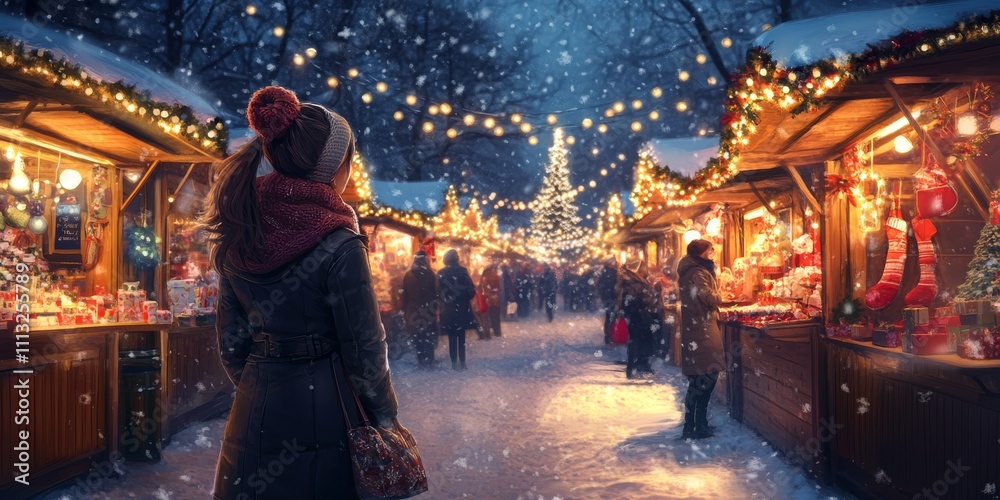 A stylish woman enjoying a festive Christmas market at night, surrounded by twinkling lights, holiday decorations, and snow gently falling in a magical winter atmosphere A stylish woman enjoying a festive Christmas market at night, surrounded by twinkling lights, holiday decorations, and snow gently falling in a magical winter atmosphere