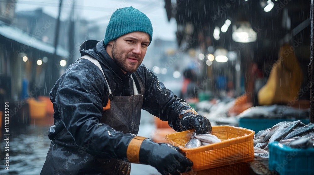 Fisherman Sorting Fresh Catch at Rainy Market Stall Scene Fisherman Sorting Fresh Catch at Rainy Market Stall Scene