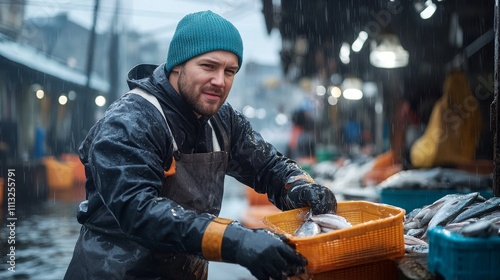 Fisherman Sorting Fresh Catch at Rainy Market Stall Scene