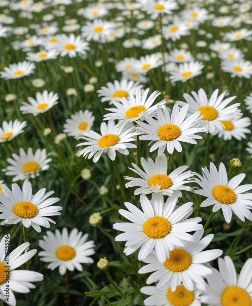 Field of white daisies with yellow centers swaying gently in the breeze, nature, field Field of white daisies with yellow centers swaying gently in the breeze, nature, field