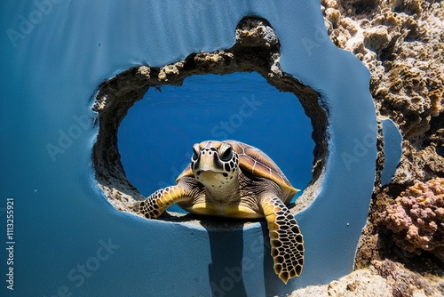 Adorable Turtle Curiously Emerging from Summer Gap in Ocean Blue Wall photo