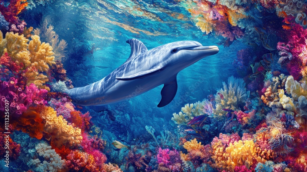 Fototapeta premium Dolphin Paradise: A vibrant underwater scene of a dolphin gracefully swimming amidst a kaleidoscope of colorful coral reefs. A breathtaking underwater spectacle.