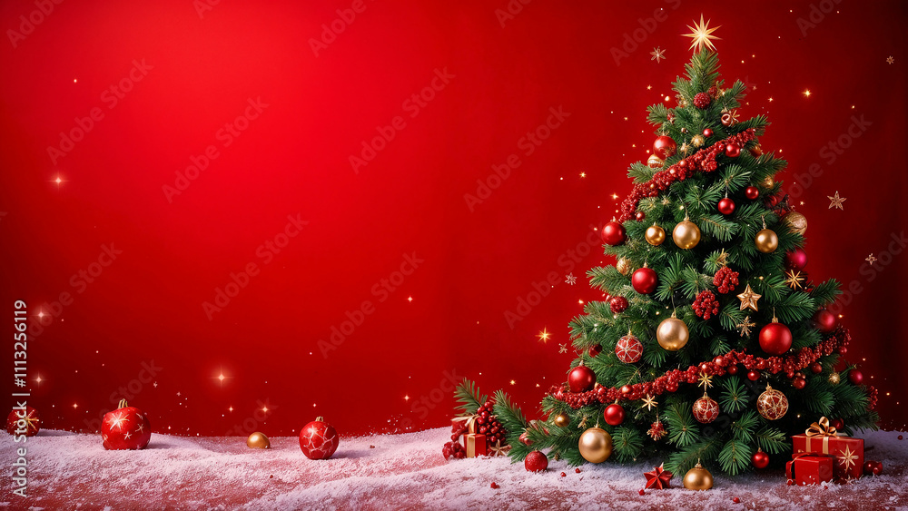 Festive Illustrated Christmas Tree Silhouette on Bright Red Holiday Background Celebration Festive Illustrated Christmas Tree Silhouette on Bright Red Holiday Background Celebration