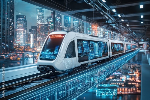 A futuristic train travels through a modern city, illuminated by digital displays and city lights, showcasing advanced technology and urban design.