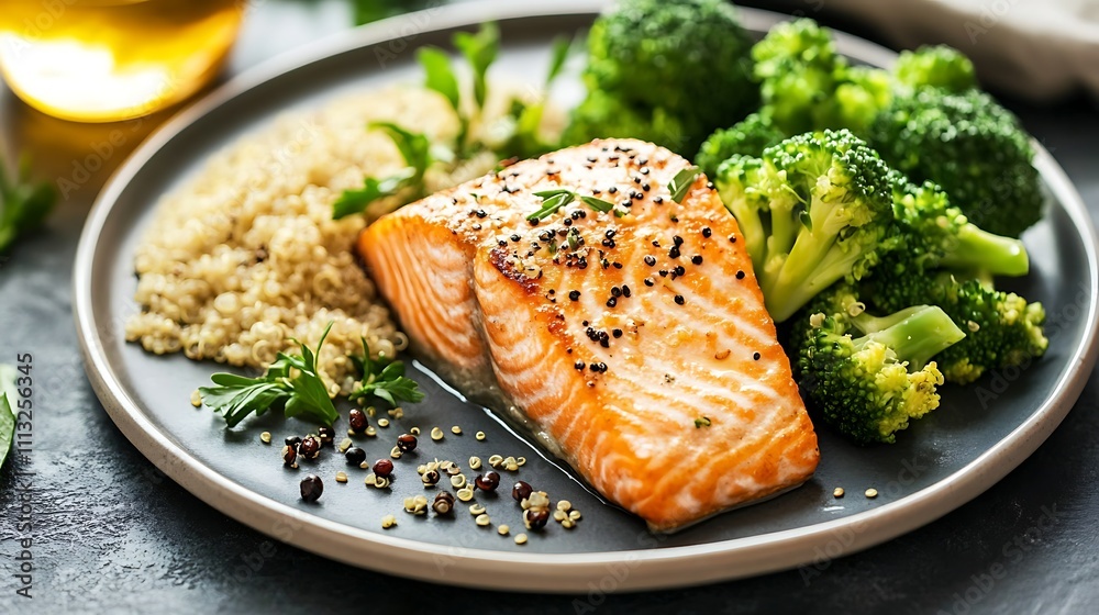 A plate of grilled salmon, quinoa, and steamed broccoli, demonstrating a balanced meal with omega-3 fatty acids and essential nutrients A plate of grilled salmon, quinoa, and steamed broccoli, demonstrating a balanced meal with omega-3 fatty acids and essential nutrients