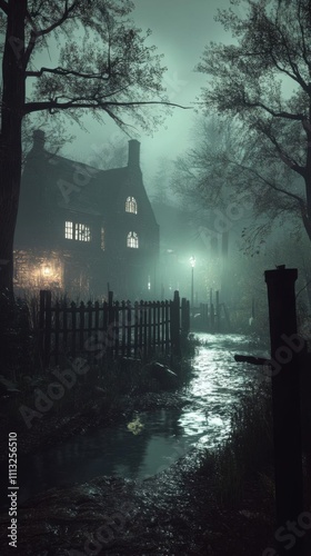 Mysterious House by Creek at Night, Foggy Atmosphere, Dark Enchanting Scene