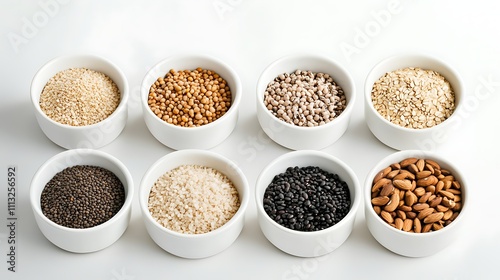 A selection of whole grains, legumes, and nuts in bowls, highlighting their fiber content and functional food properties 