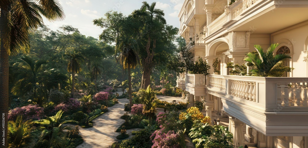 Elegant villa with balconies overlooking a lush garden filled with towering trees and blooming flowerbeds.