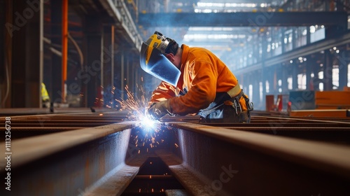 A welder welding steel beams together for a bridge construction project, Bridge welding scene, Structural integrity style