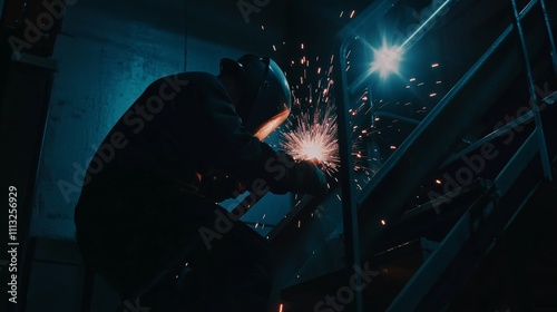 A welder working on a metal staircase railing, with sparks flying in a darkened workshop, Metal fabrication scene
