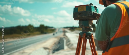 A close-up shot of a construction worker using a surveying instrument to measure grading levels at a highway construction site, Highway grading scene, Surveying precision style photo