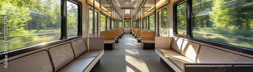 A spacious train carriage with empty seats, showcasing large windows and a view of greenery outside, conveying a sense of tranquility and modern design.