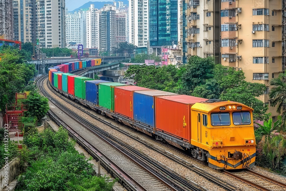 A vibrant freight train winds through a city landscape, transporting colorful containers amidst tall buildings and greenery. A vibrant freight train winds through a city landscape, transporting colorful containers amidst tall buildings and greenery.