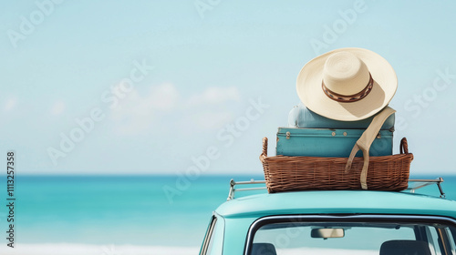 Beach Vacation Road Trip: Turquoise car loaded with luggage and a sun hat on the roof rack, ready for a summer adventure by the ocean. Evokes feelings of freedom and wanderlust.  photo