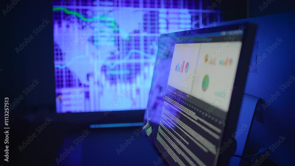 Computer Screen Desk Showing Corporate Finance Business Data Charts Diagrams Computer Screen Desk Showing Corporate Finance Business Data Charts Diagrams