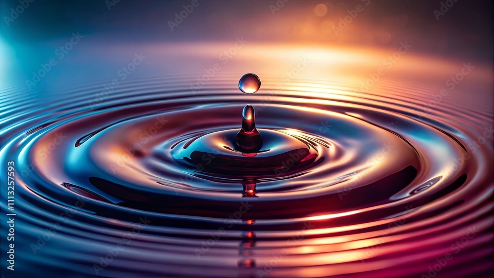A single drop of liquid creates mesmerizing concentric ripples on a dark, reflective surface, illuminated with warm and cool tones. A single drop of liquid creates mesmerizing concentric ripples on a dark, reflective surface, illuminated with warm and cool tones.