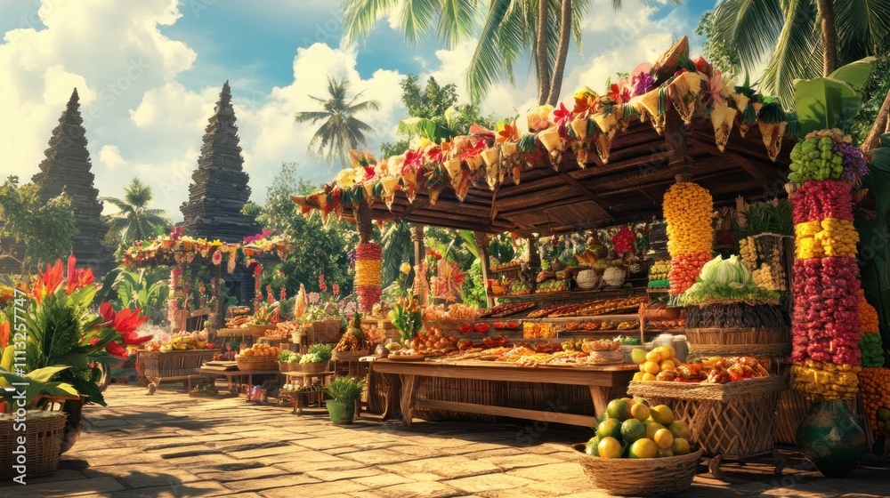 Obraz premium Vibrant Tropical Market at Ancient Temple
