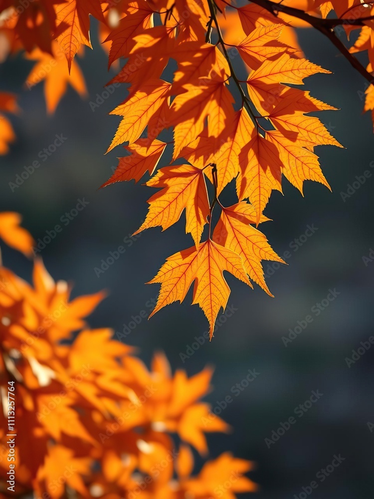 Softly glowing orange leaves on a crisp autumn morning , warm tones, serene landscape Softly glowing orange leaves on a crisp autumn morning , warm tones, serene landscape