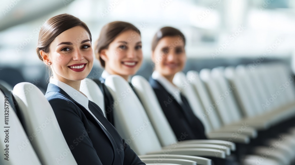 Empty airport seats, rows of white chairs in the modern terminal, among them three stewardesses smiling and talking to the camera, shallow depth of field focused on the chairs, blurring the backgrou Empty airport seats, rows of white chairs in the modern terminal, among them three stewardesses smiling and talking to the camera, shallow depth of field focused on the chairs, blurring the backgrou