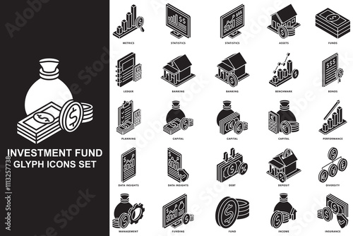 Investment fund isometric 3D glyph icons set. contain metrics, statistics, assets, funds, banking, deposit and more. use for modern concept, print, UI, UX kit, web and app development. Vector EPS 10