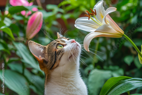 A curious tabby cat closely observing a blooming white lily in a lush garden, surrounded by vibrant greenery and flowers.