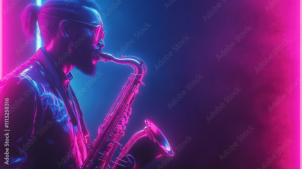 Fototapeta premium A musician playing saxophone under vibrant neon lights, creating a lively atmosphere.
