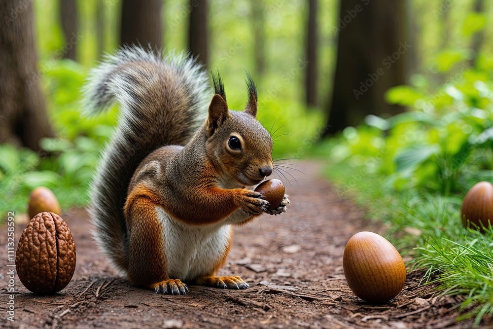 Charming Squirrels and Nut-Themed Eggs Along a Beautiful Forest Trail Charming Squirrels and Nut-Themed Eggs Along a Beautiful Forest Trail