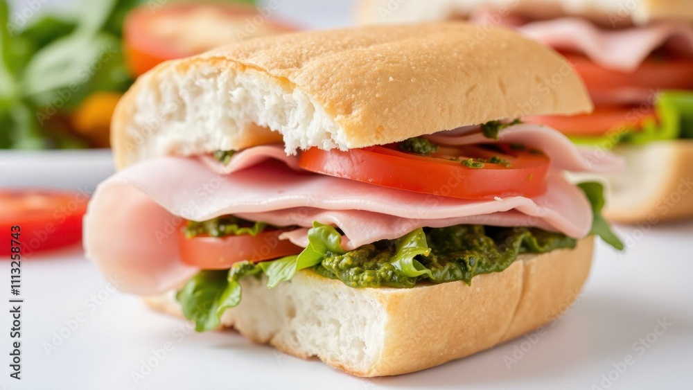 Delicious Ham and Tomato Sandwich on Fresh Bread with Lettuce and Vegetables - Perfect for Lunch or Snack Delicious Ham and Tomato Sandwich on Fresh Bread with Lettuce and Vegetables - Perfect for Lunch or Snack