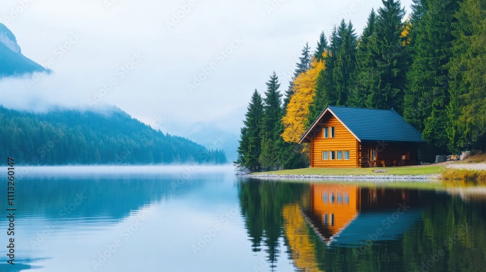 Fototapeta premium Mountain Cabin by a Misty Lake with Pine Forests