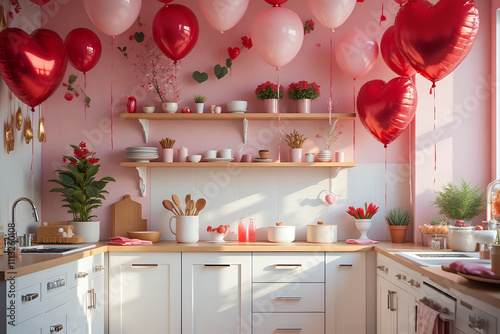 Interior of kitchen decorated for Valentine's Day with balloons, counters and shelves