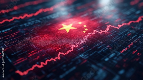 Financial Landscape: Chinese Flag Merging with Stock Market Chart for Economic Analysis