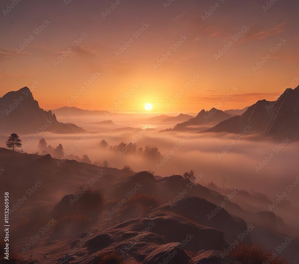 Naklejka premium misty fog lifts slowly revealing a brilliant orange glow in the eastern horizon, orange glow, warm light, sunrise sky