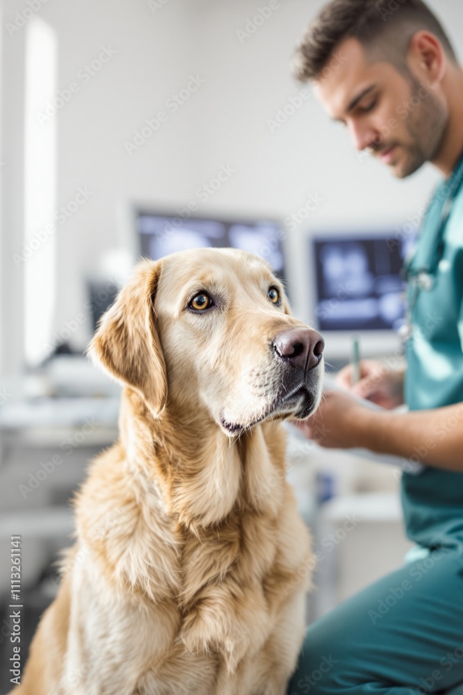 Veterinarian Examining a Golden Retriever in a Modern Clinic Veterinarian Examining a Golden Retriever in a Modern Clinic