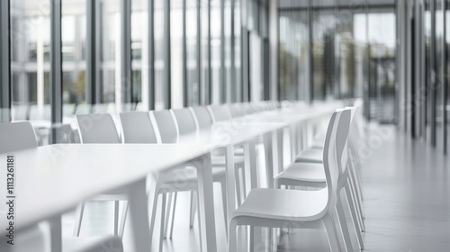 Empty dining room seats  rows of white chairs in the modern dining room  shallow depth of field focused on the chairs  blurring the background and creating a sense of isolation and anticipation. 