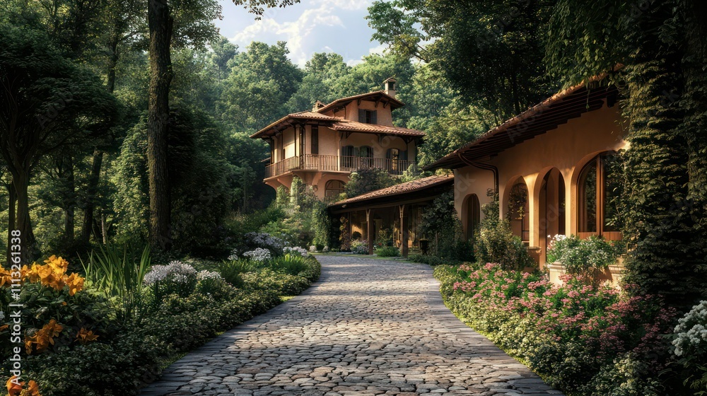 Elegant villa with rustic architecture, surrounded by forested gardens and a cobblestone path lined with flowers. Elegant villa with rustic architecture, surrounded by forested gardens and a cobblestone path lined with flowers.