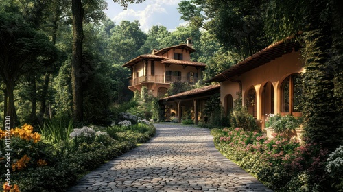 Elegant villa with rustic architecture, surrounded by forested gardens and a cobblestone path lined with flowers.