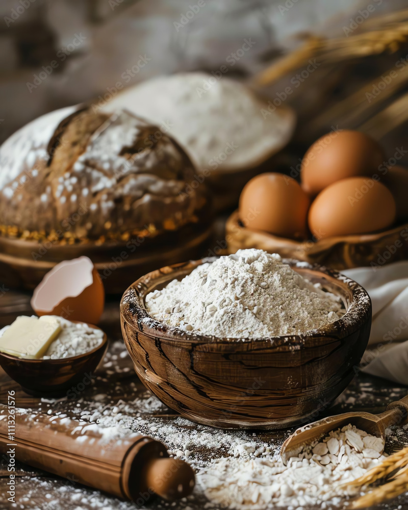 A rustic kitchen scene featuring flour, eggs, and bread, perfect for baking inspiration and culinary creativity. A rustic kitchen scene featuring flour, eggs, and bread, perfect for baking inspiration and culinary creativity.