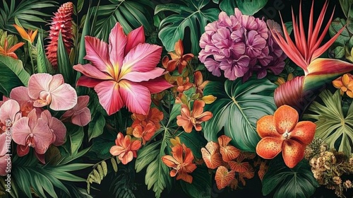 exotic tropical botanical illustration with vibrant colorful flowers and lush green foliage detailed realistic design vintage style