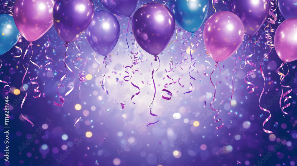 Purple birthday or anniversary horizontal banner with flying helium balloons and confetti ribbons. Realistic 3d vector illustration of holiday surprise celebration and congratulation template. Purple birthday or anniversary horizontal banner with flying helium balloons and confetti ribbons. Realistic 3d vector illustration of holiday surprise celebration and congratulation template.