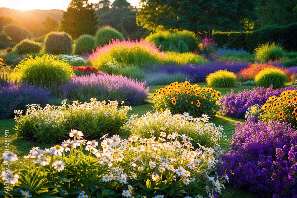 Obraz premium Stunning Flower Garden Bathed in Sunlight within a Lush Vibrant Landscape