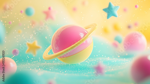 3d quirky alien planet icon in bright tones of pink, turquoise, and yellow. Surround it with whimsical stars and cosmic sparkles, leaving space on the left for text. --ar 16:9 --v 6.1 - Upscaled (Subt photo