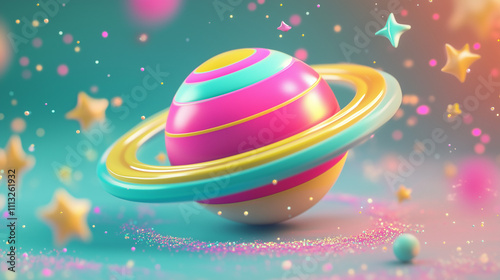 3d quirky alien planet icon in bright tones of pink, turquoise, and yellow. Surround it with whimsical stars and cosmic sparkles, leaving space on the left for text. --ar 16:9 --v 6.1 - Upscaled (Subt photo