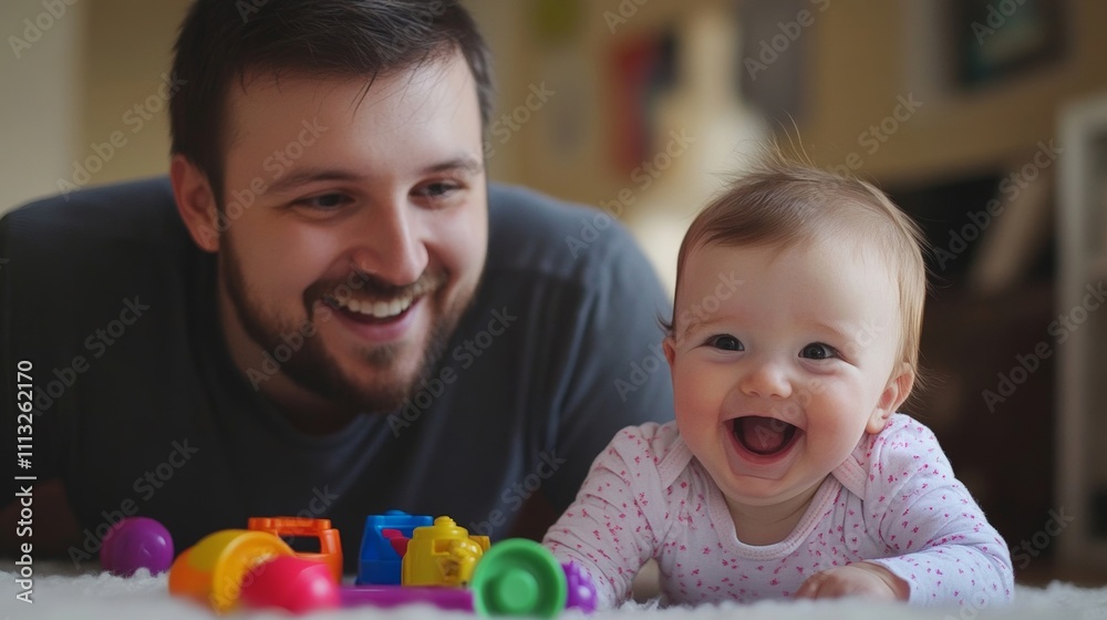 Father and baby enjoying playtime together on a rug indoors in a cheerful atmosphere Father and baby enjoying playtime together on a rug indoors in a cheerful atmosphere