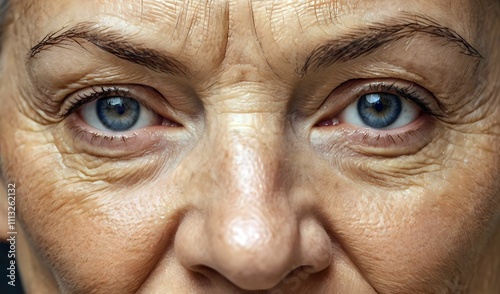 Close up of mature middle-aged older woman face without make-up, eyes and forehead wrinkles fine lines - part of natural aging skin which becomes less elastic and needs anti-aging skin care treatment