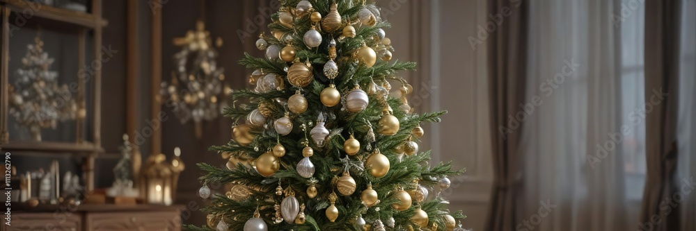 Ornate pine Christmas tree with gold and silver ornaments, metallic accents, antique pine ornaments, elegant centerpieces Ornate pine Christmas tree with gold and silver ornaments, metallic accents, antique pine ornaments, elegant centerpieces