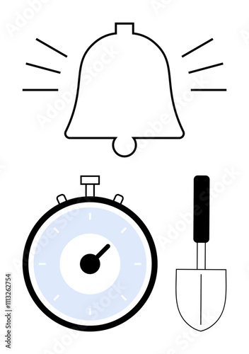 Bell ringing stopwatch and garden shovel symbolize alerts time-tracking and gardening. Ideal for scheduling, gardening, productivity, reminders, time management, alarms, and horticulture. Line