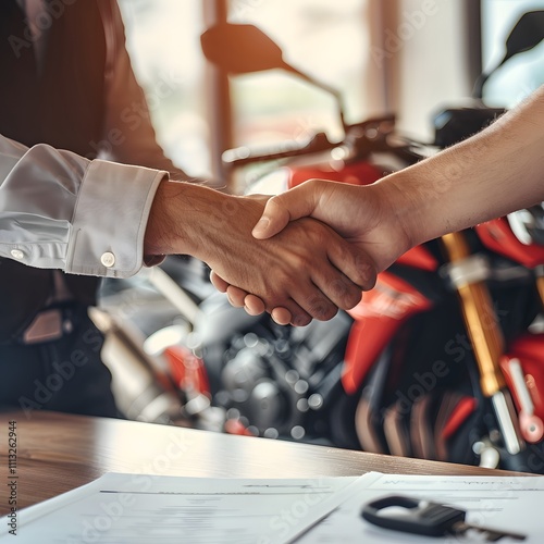 Two people shaking hands in a motorcycle dealership, symbolizing a business agreement.